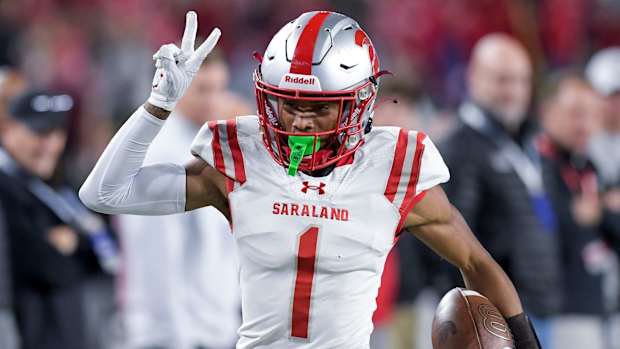 Saraland's Ryan Williams (1) scores his second touchdown of the night against Clay-Chalkville during the AHSAA Class 6A football state championship game at Bryant Denny Stadium in Tuscaloosa, Ala., on Friday December 8, 2023. 